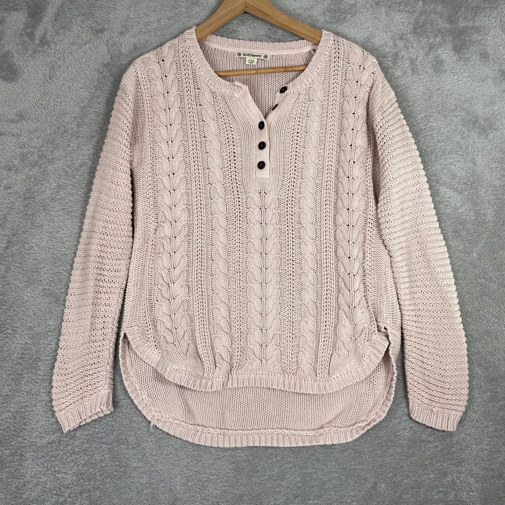 RuffHewn Sweater Womens Medium Pink‎ Cable Knit Henley High Low Pullover Cozy